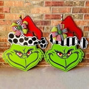 Christmas Grinch Decoration Wreath Door Christmas Wreath Ornament Wood Farmhouse Porch Decor - stripes